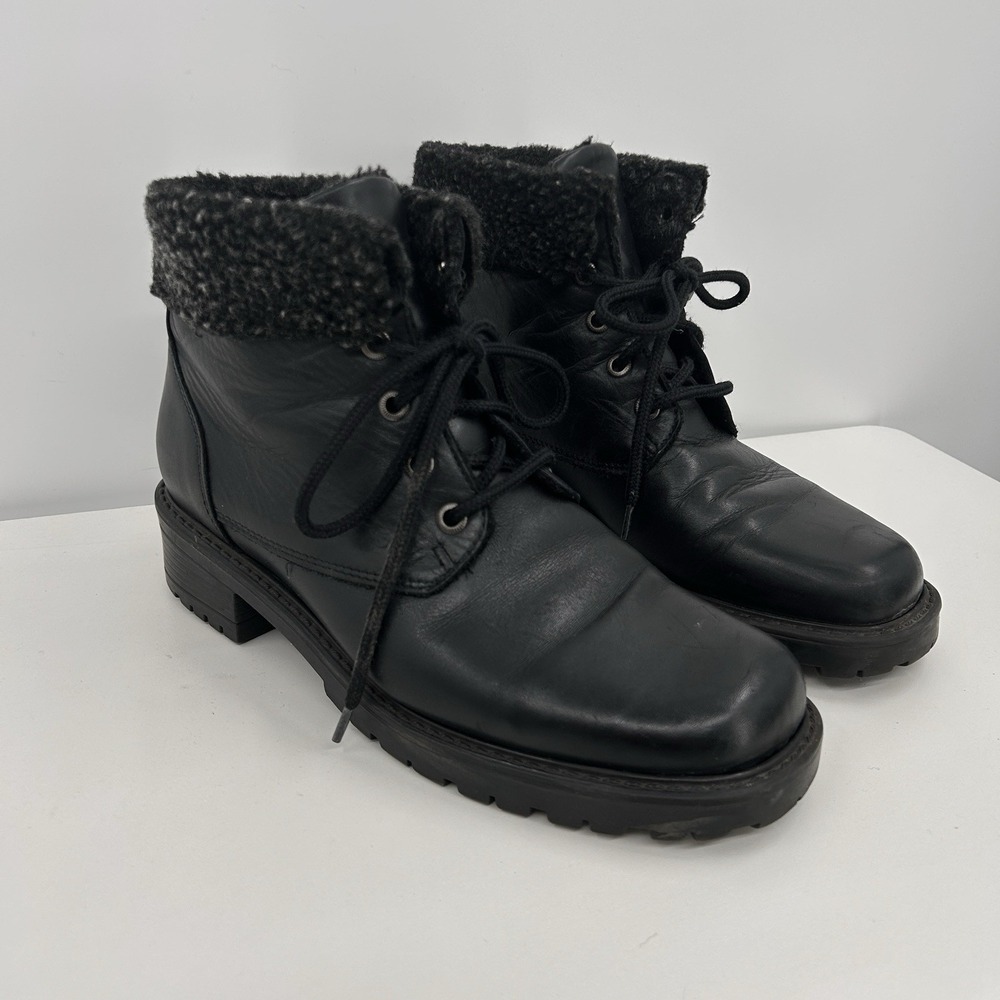 Blondo Womens Leather Lace-Up Boots Sz 9 Black Faux Shearling Waterproof Hiking